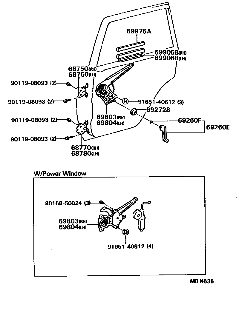 Toyota COROLLA 后门车窗升降器和合页 EPC diagram — MBN635