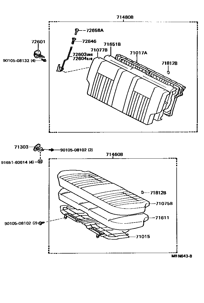 Toyota COROLLA 后排座椅和座椅滑轨 EPC diagram — MBN643B