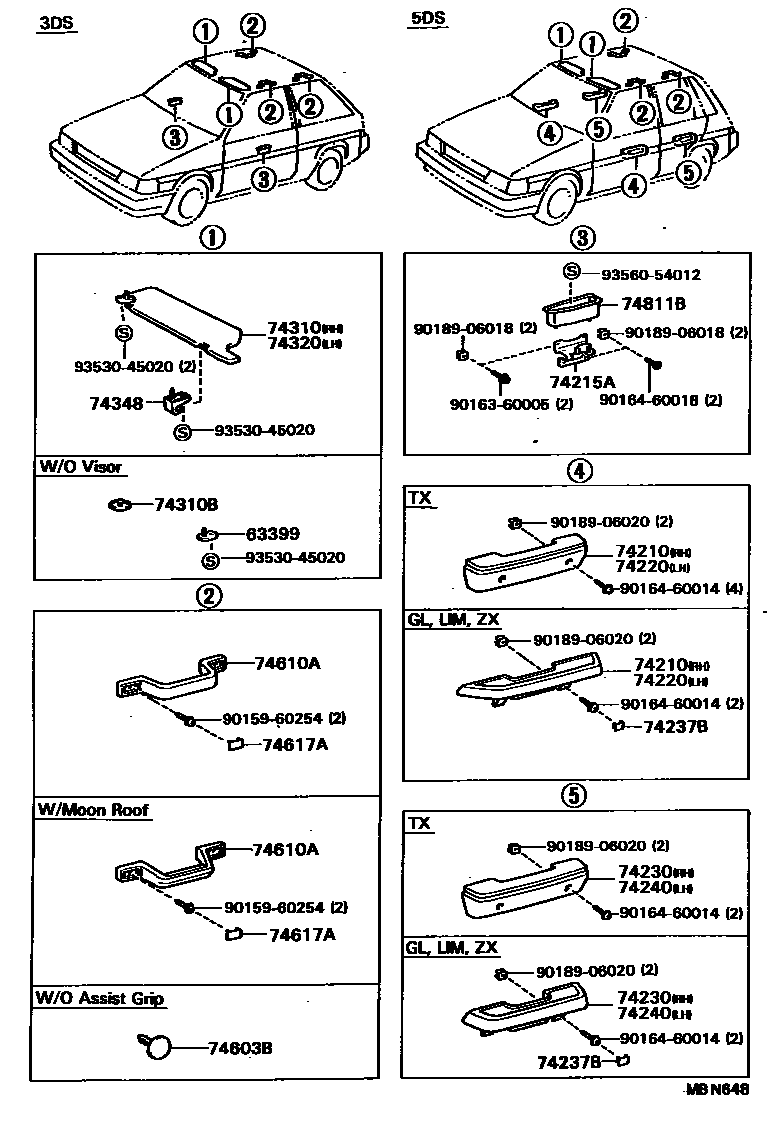 Toyota COROLLA 扶手和遮阳板 EPC diagram — MBN648