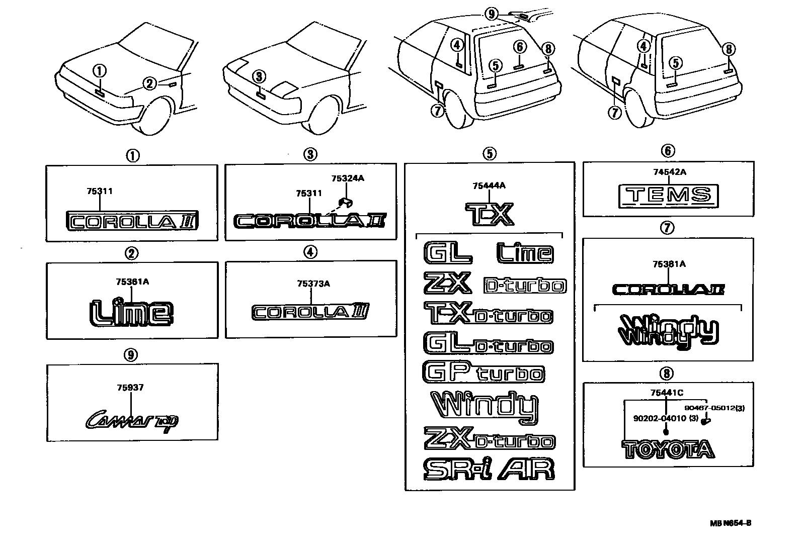 Toyota COROLLA 丰田徽标和铭牌(车外和车内) EPC diagram — MBN654B