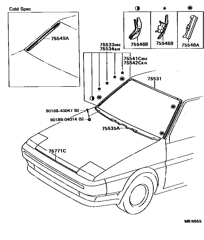 Toyota COROLLA 前防护条 EPC diagram — MBN655