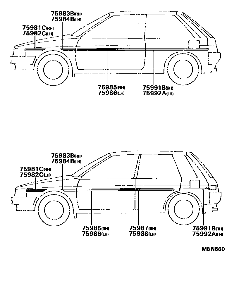 Toyota COROLLA 车身镶条 EPC diagram — MBN660