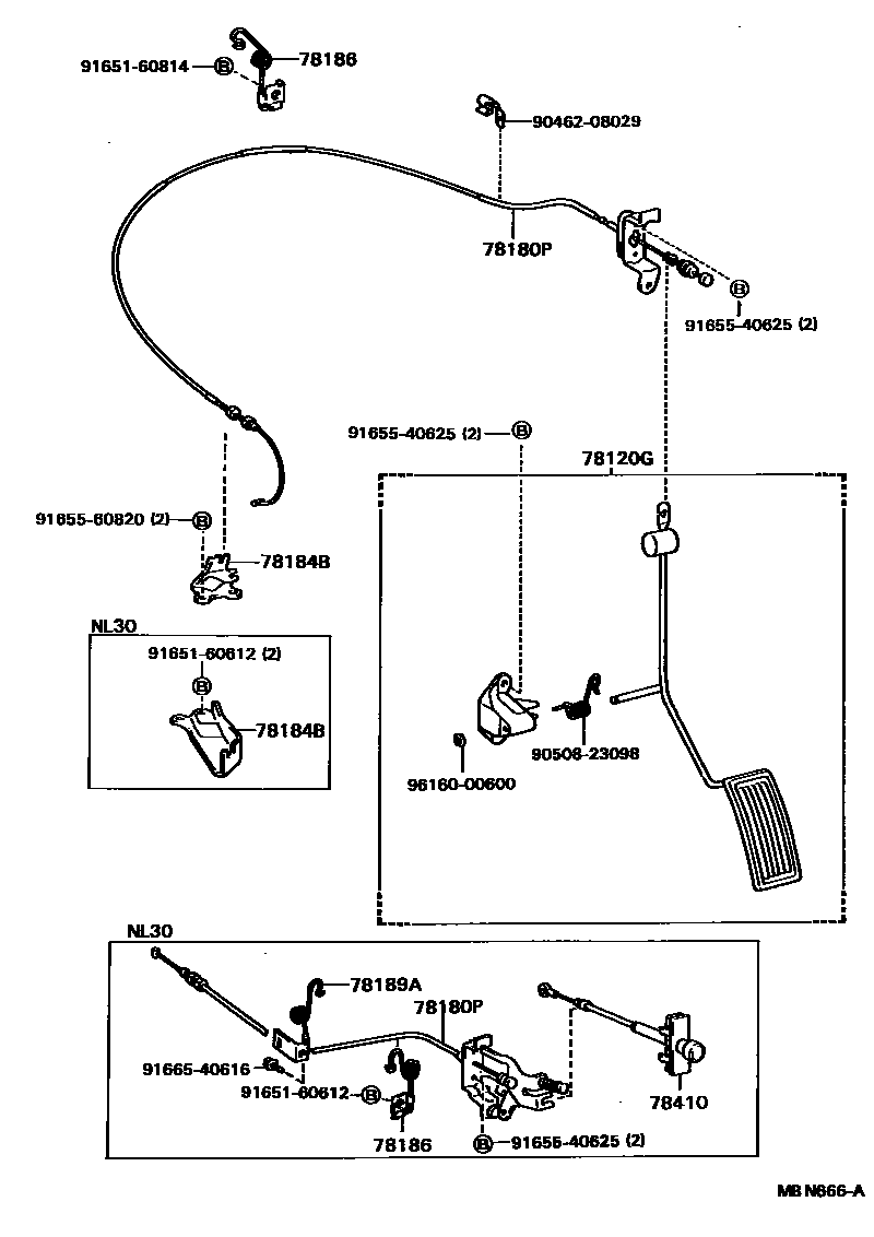 Toyota COROLLA accelerator pedal connecting rod EPC diagram — MBN666A