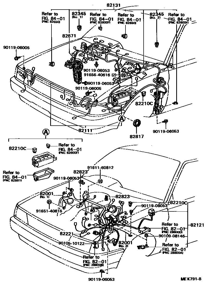 Toyota COROLLA 线束和卡夹 EPC diagram — MEK791B