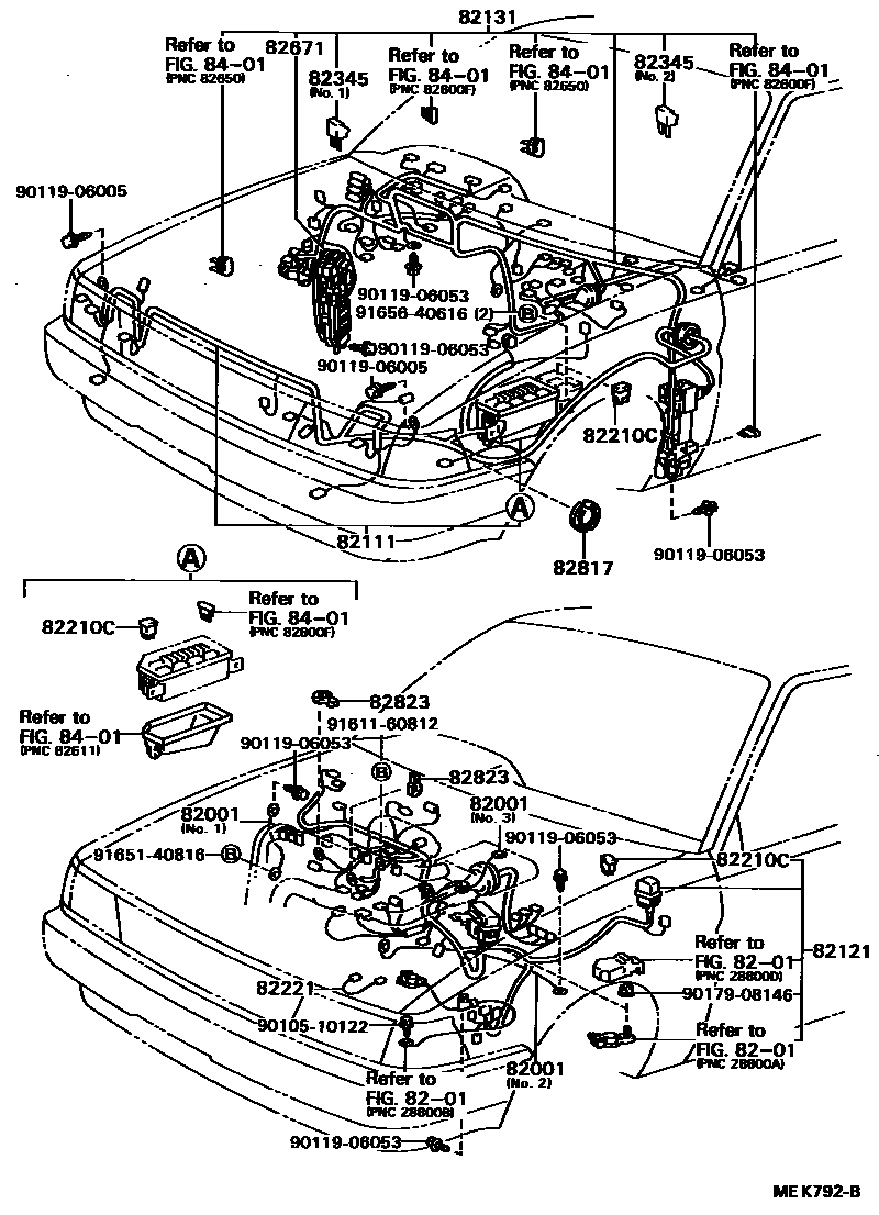 Toyota COROLLA 线束和卡夹 EPC diagram — MEK792B