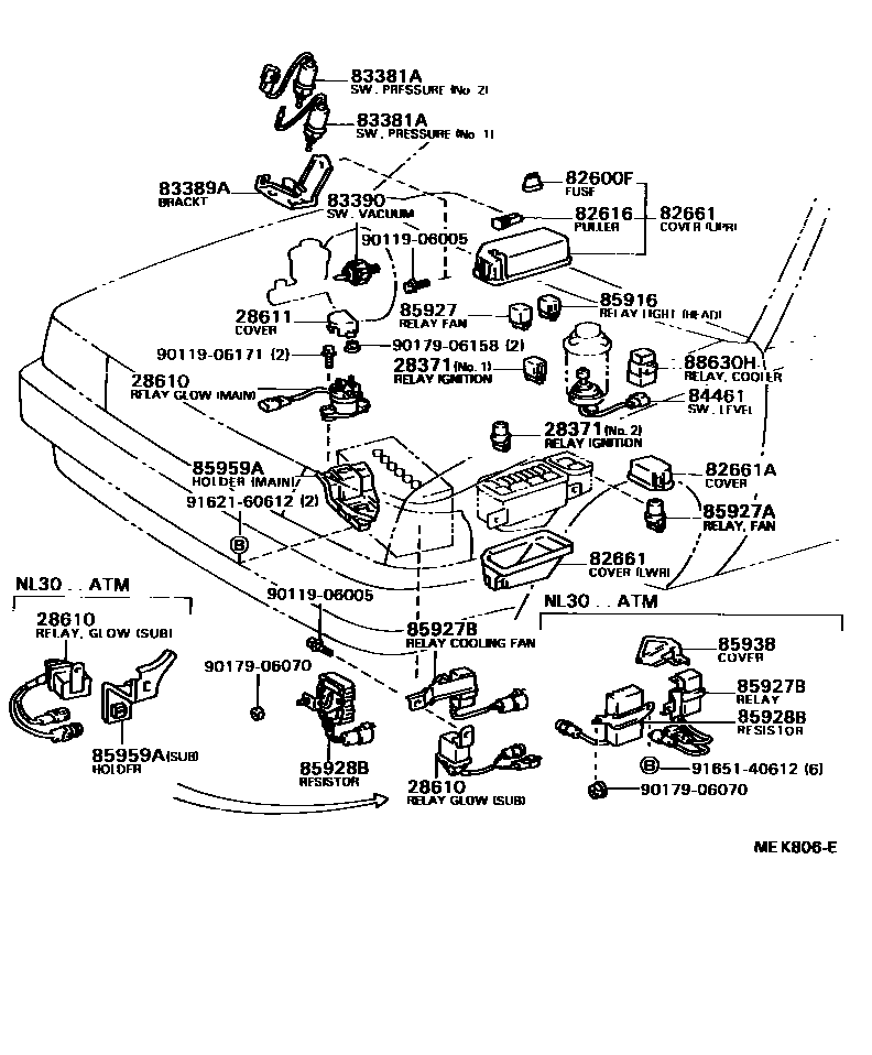 Toyota COROLLA 开关和继电器和ECU EPC diagram — MEK806E