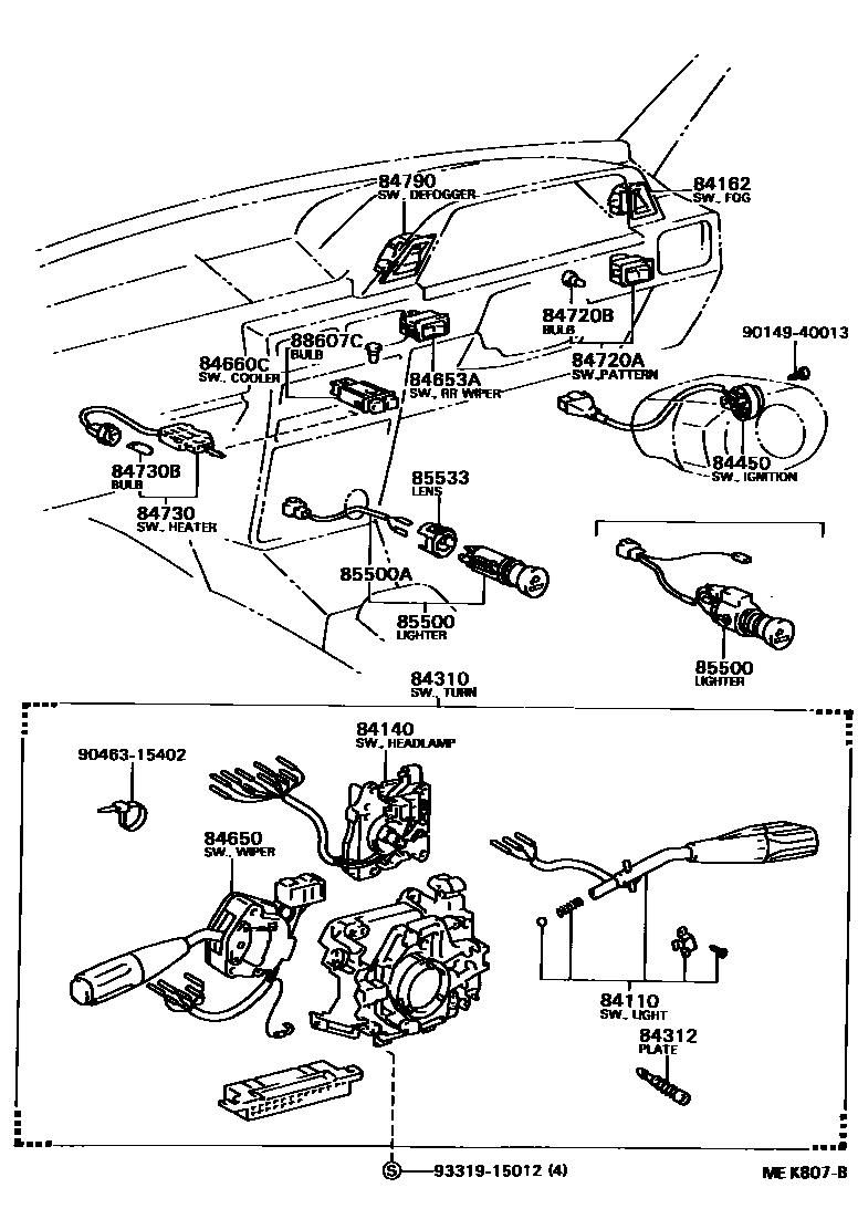 Toyota COROLLA 开关和继电器和ECU EPC diagram — MEK807B
