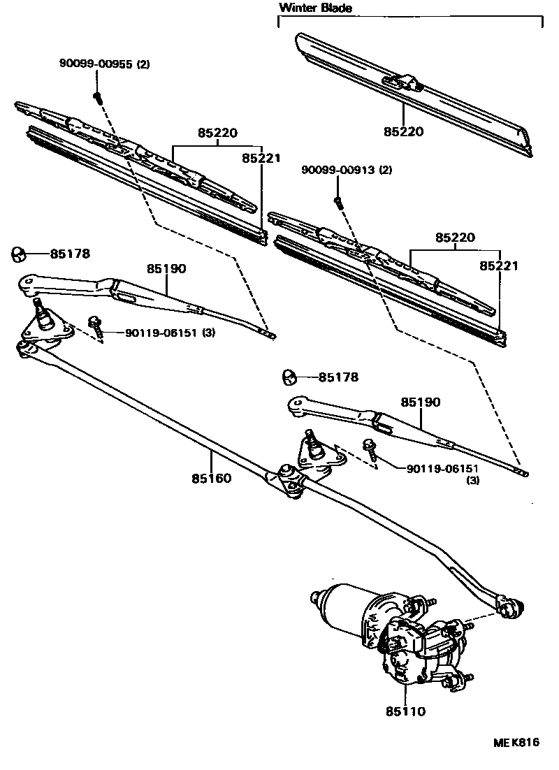 Toyota COROLLA 挡风玻璃刮水器 EPC diagram — MEK816