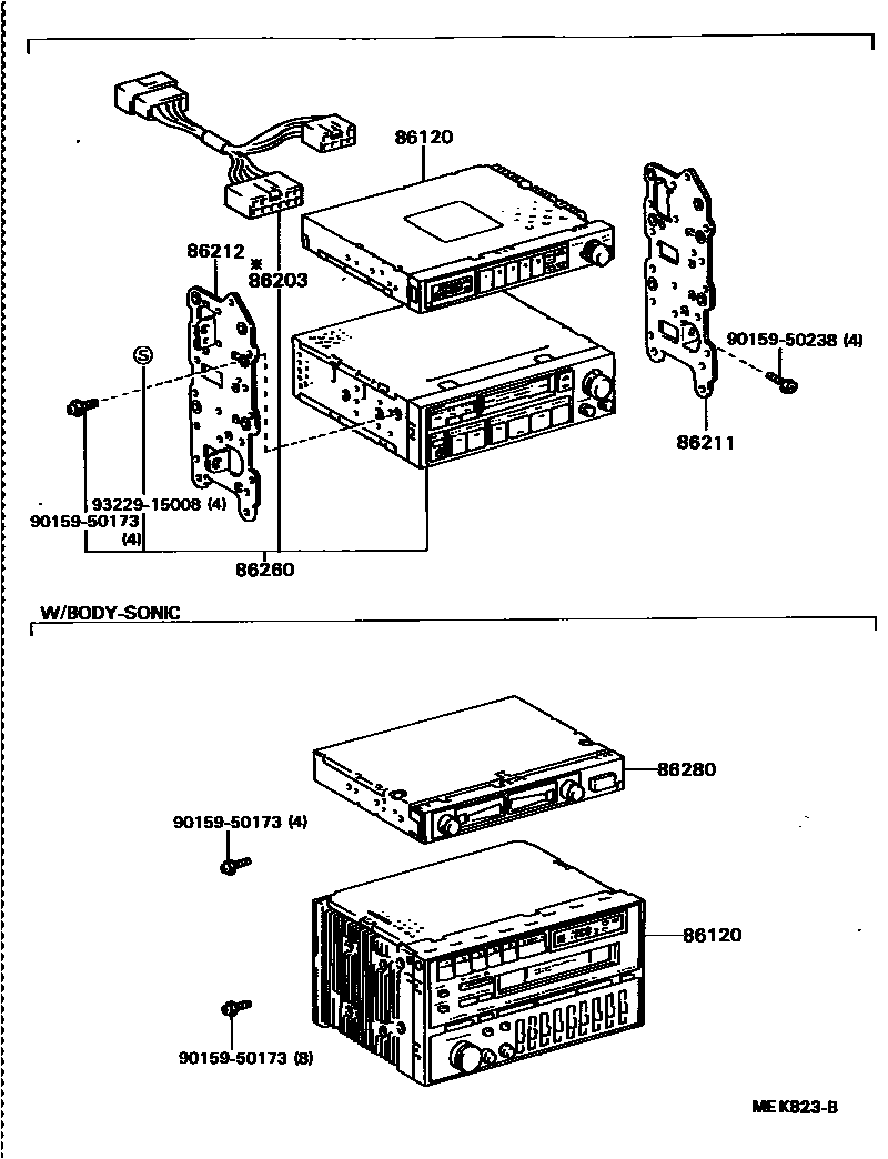 Toyota COROLLA 收音机、放大器和冷凝器 EPC diagram — MEK823B
