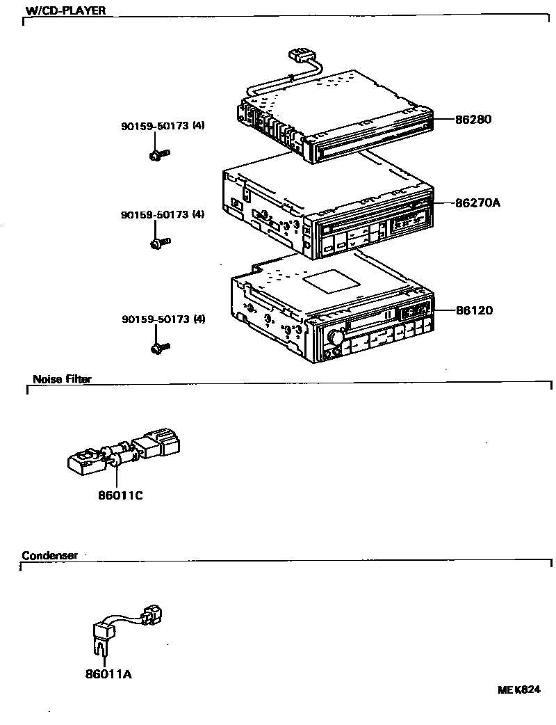 Toyota COROLLA 收音机、放大器和冷凝器 EPC diagram — MEK824