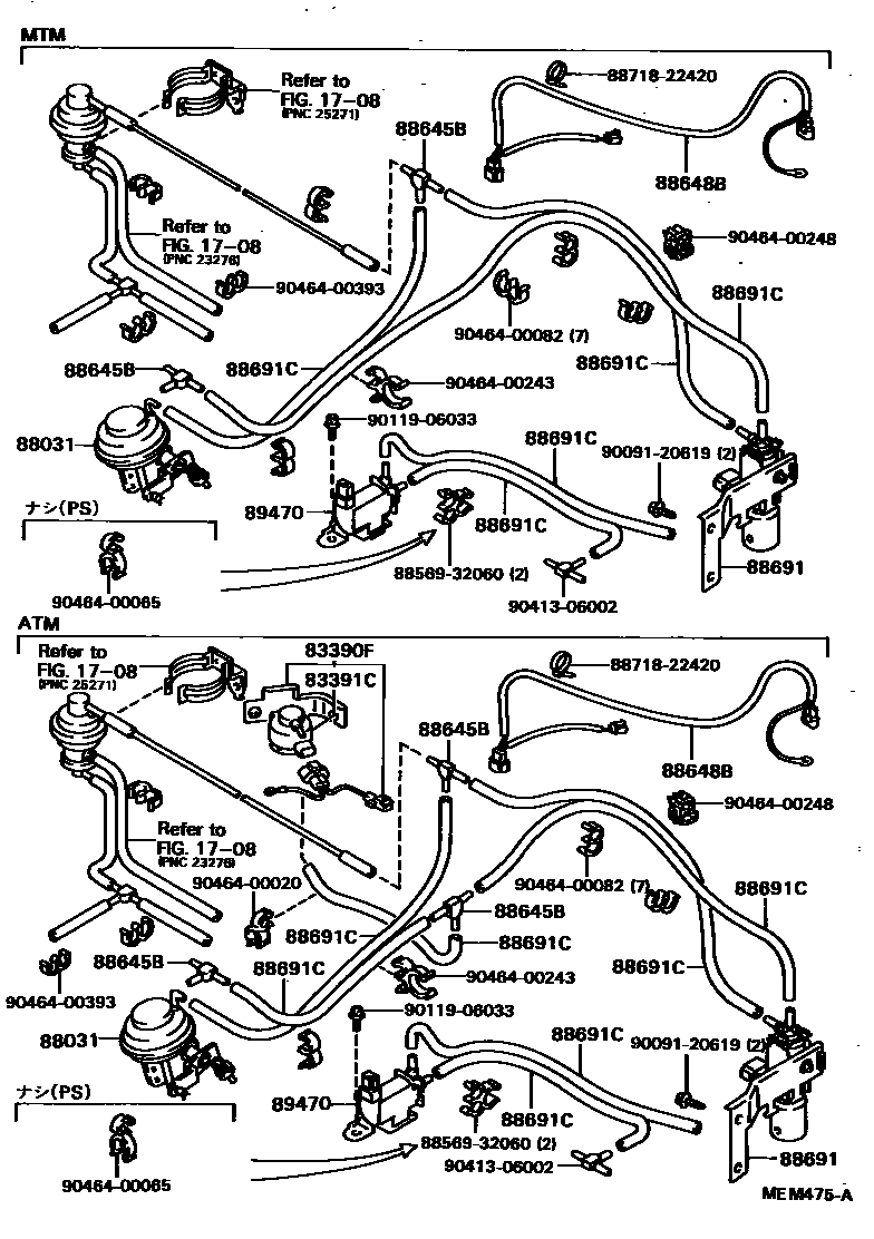 Toyota COROLLA 暖风和空调系统 - 真空管 EPC diagram — MEM475A