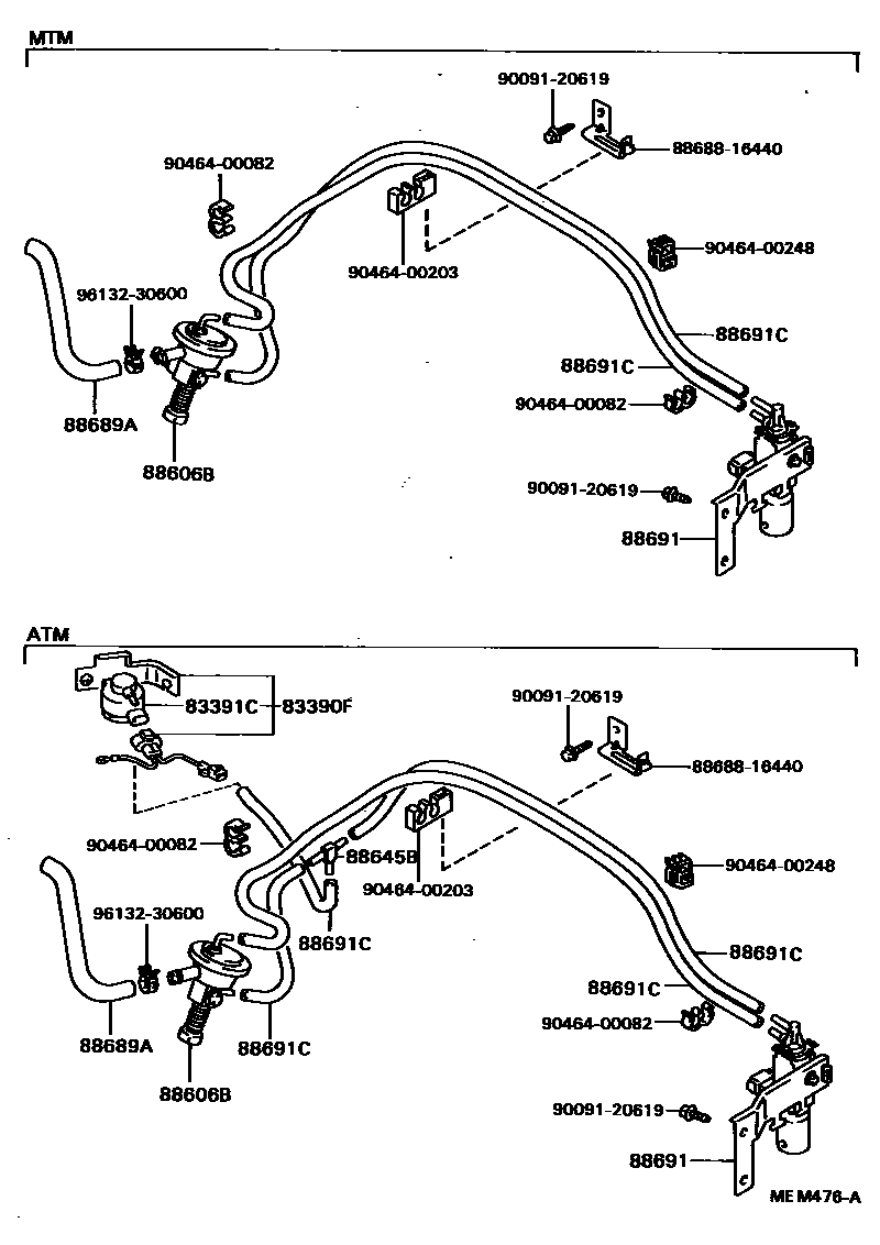 Toyota COROLLA 暖风和空调系统 - 真空管 EPC diagram — MEM476A