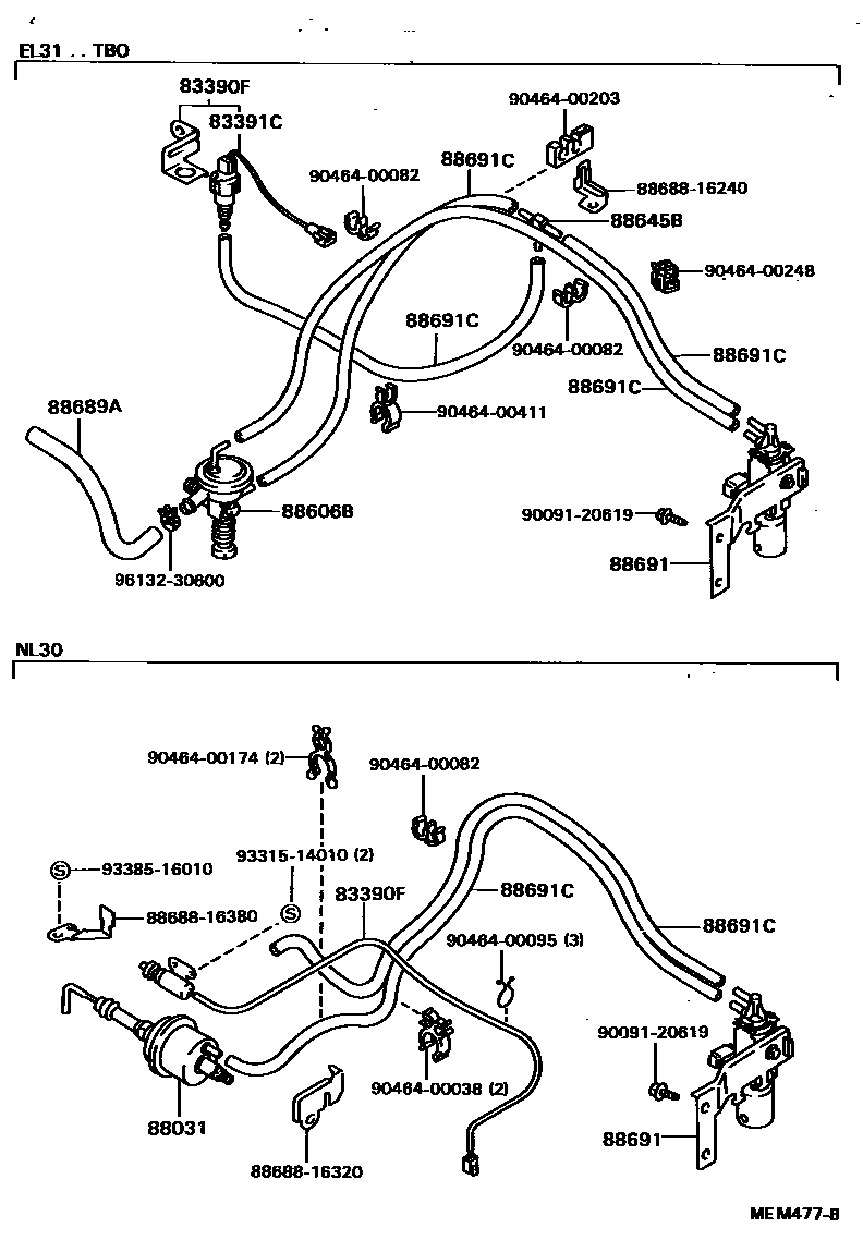 Toyota COROLLA 暖风和空调系统 - 真空管 EPC diagram — MEM477B
