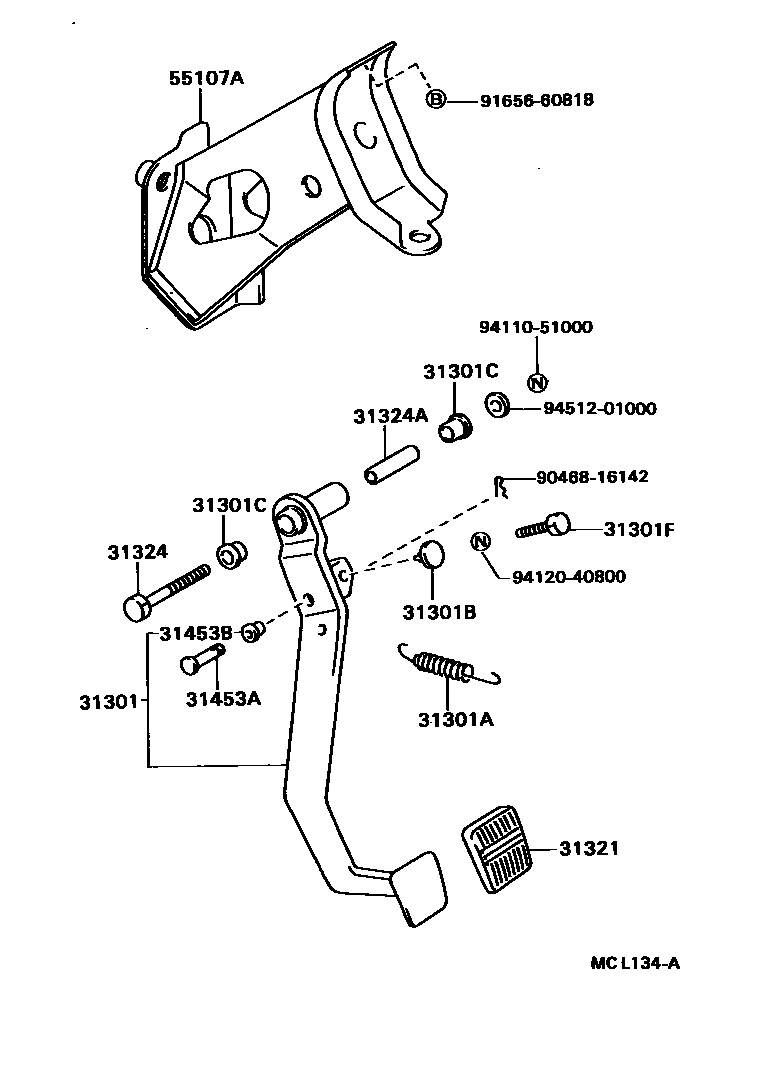 Toyota COROLLA 离合器踏板和挠性软管 EPC diagram — MCL134A