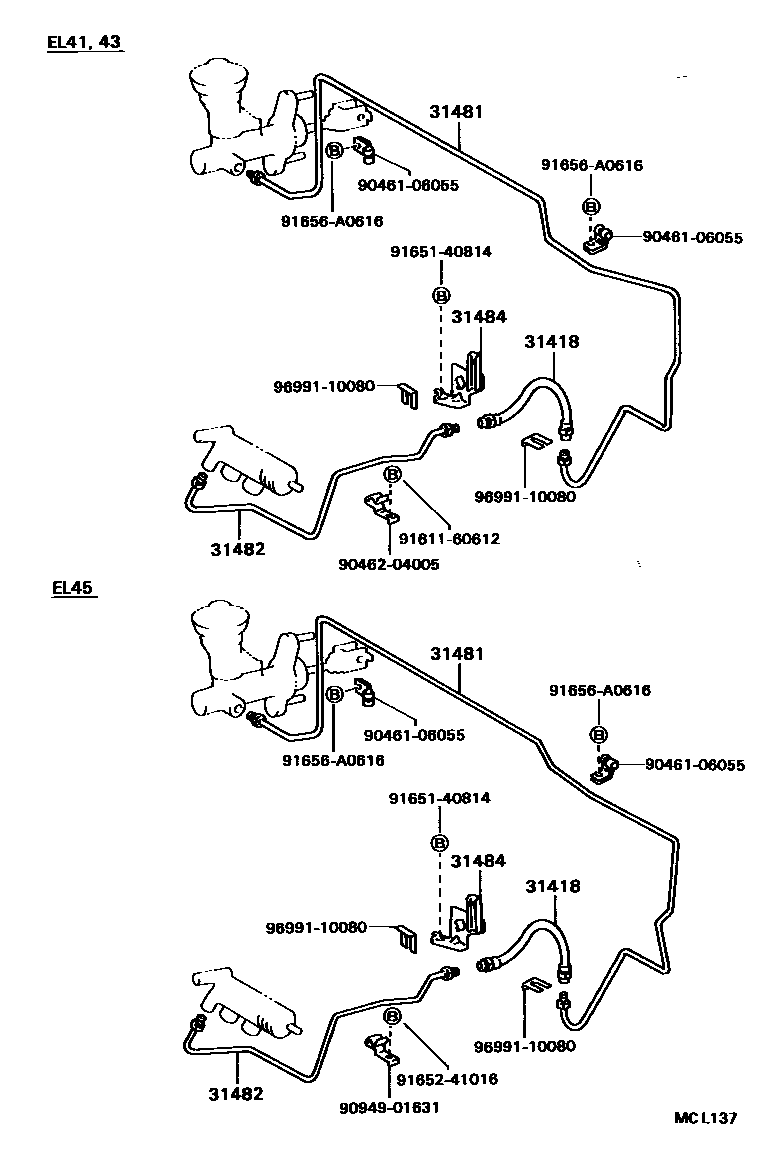 Toyota COROLLA 离合器踏板和挠性软管 EPC diagram — MCL137