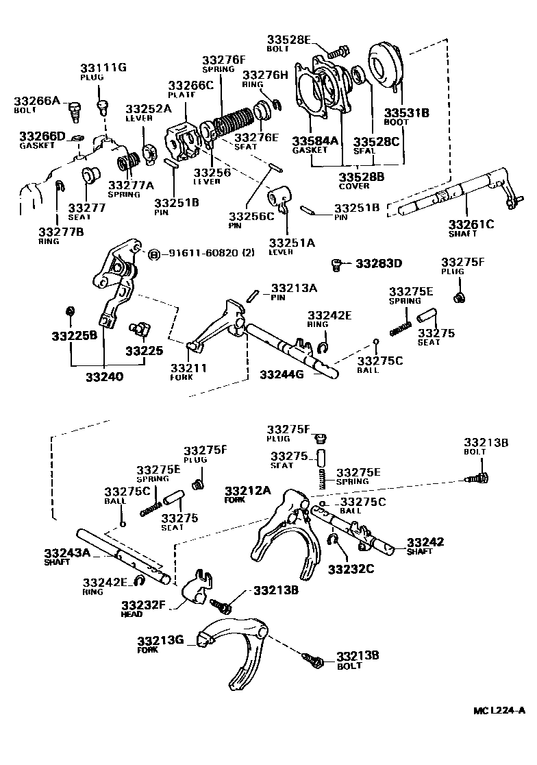 Toyota COROLLA 换档拨叉和换档杆轴(MTM) EPC diagram — MCL224A