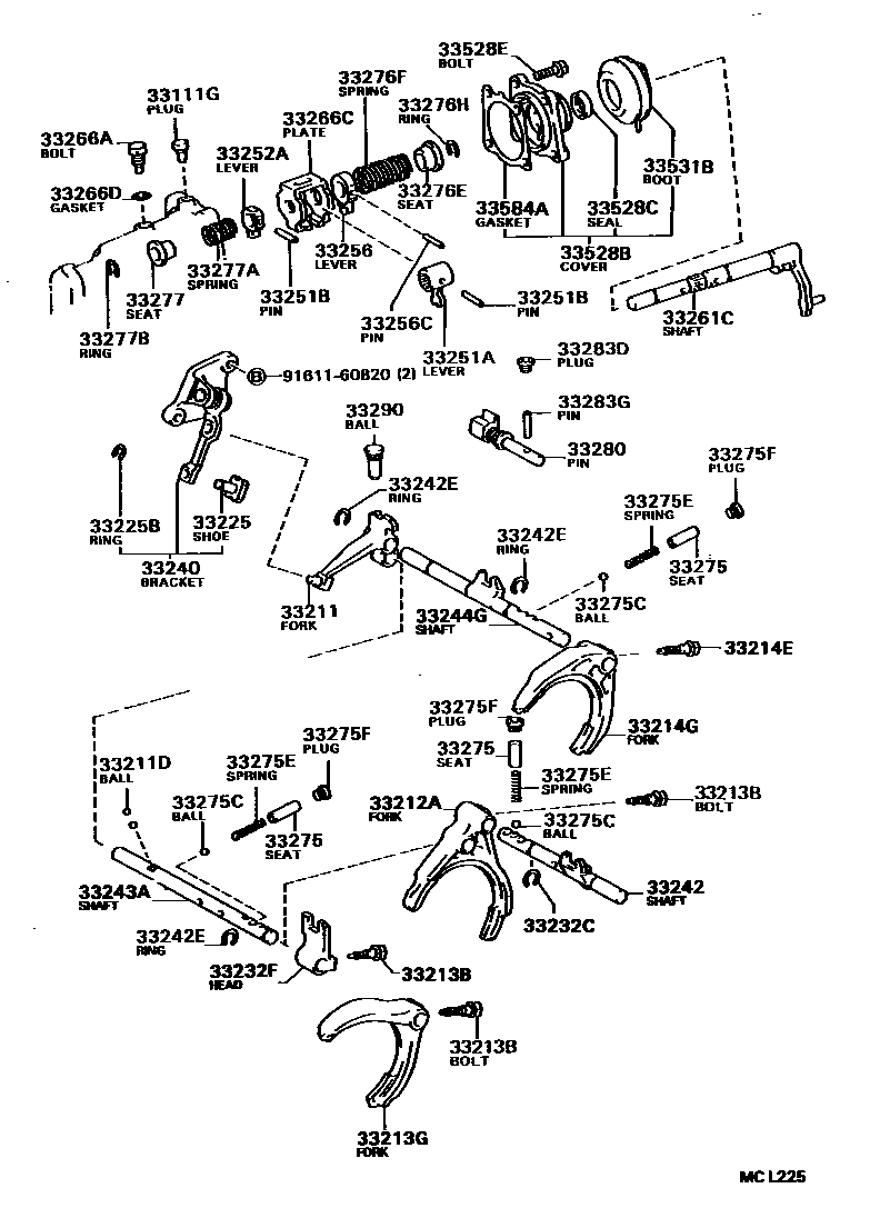 Toyota COROLLA 换档拨叉和换档杆轴(MTM) EPC diagram — MCL225