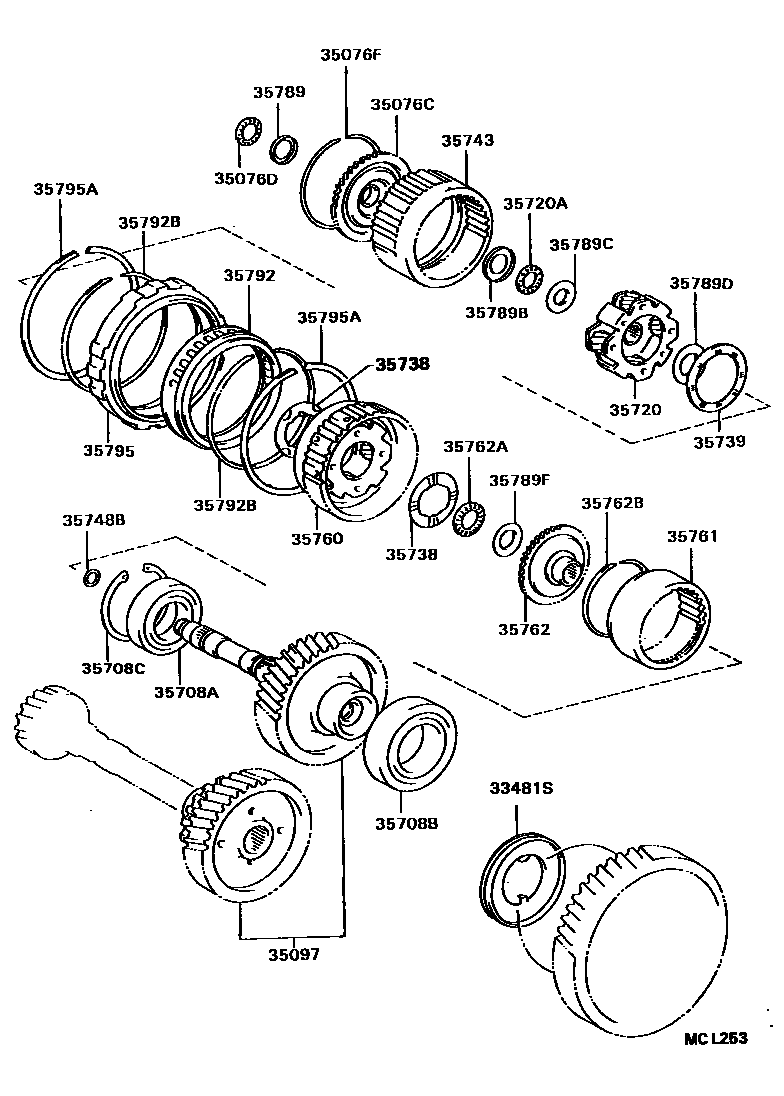 Toyota COROLLA 行星齿轮、倒档活塞和中间轴齿轮(ATM) EPC diagram — MCL253
