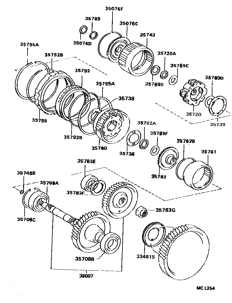 Toyota COROLLA 行星齿轮、倒档活塞和中间轴齿轮(ATM) EPC diagram — MCL254