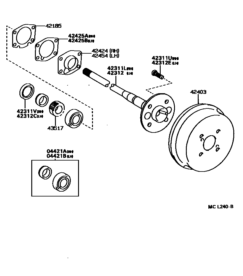 Toyota COROLLA 后桥半轴和后桥轮毂 EPC diagram — MCL240B