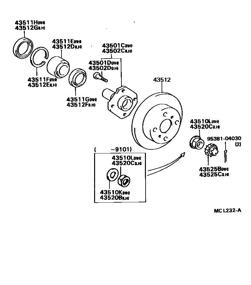 Toyota COROLLA Front Axle Hub EPC diagram — MCL232A