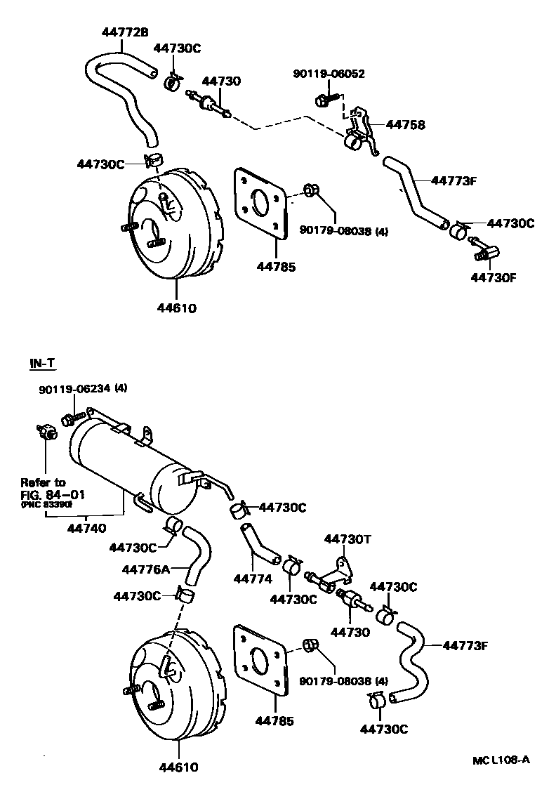 Toyota COROLLA 制动助力器和真空管 EPC diagram — MCL108A