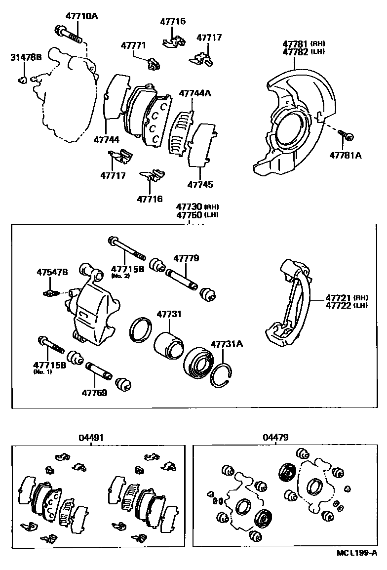 Toyota COROLLA 前盘式制动器卡钳和防尘罩 EPC diagram — MCL199A
