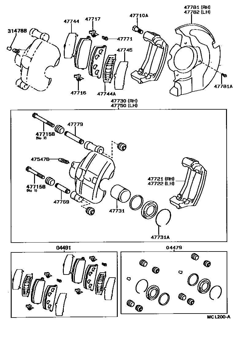 Toyota COROLLA 前盘式制动器卡钳和防尘罩 EPC diagram — MCL200A