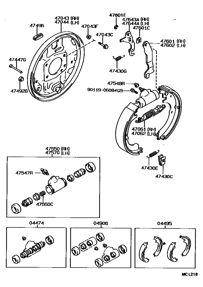 Toyota COROLLA 后鼓式制动器分泵和底板 EPC diagram — MCL218
