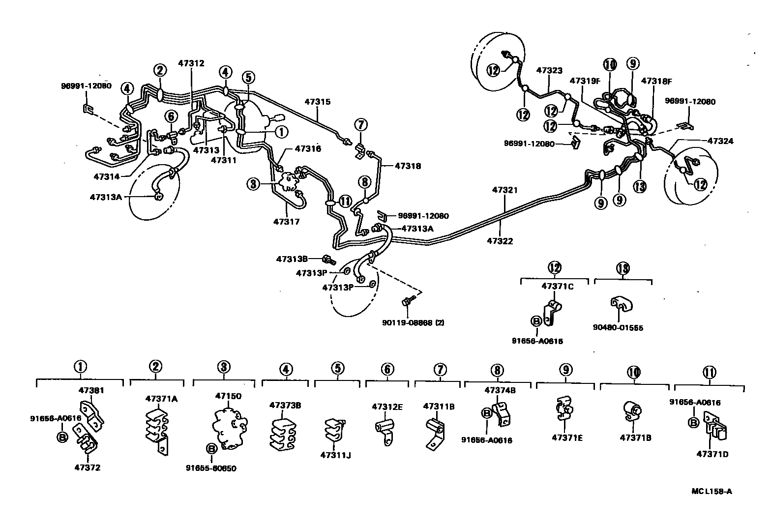 Toyota COROLLA 制动配管和卡箍 EPC diagram — MCL158A