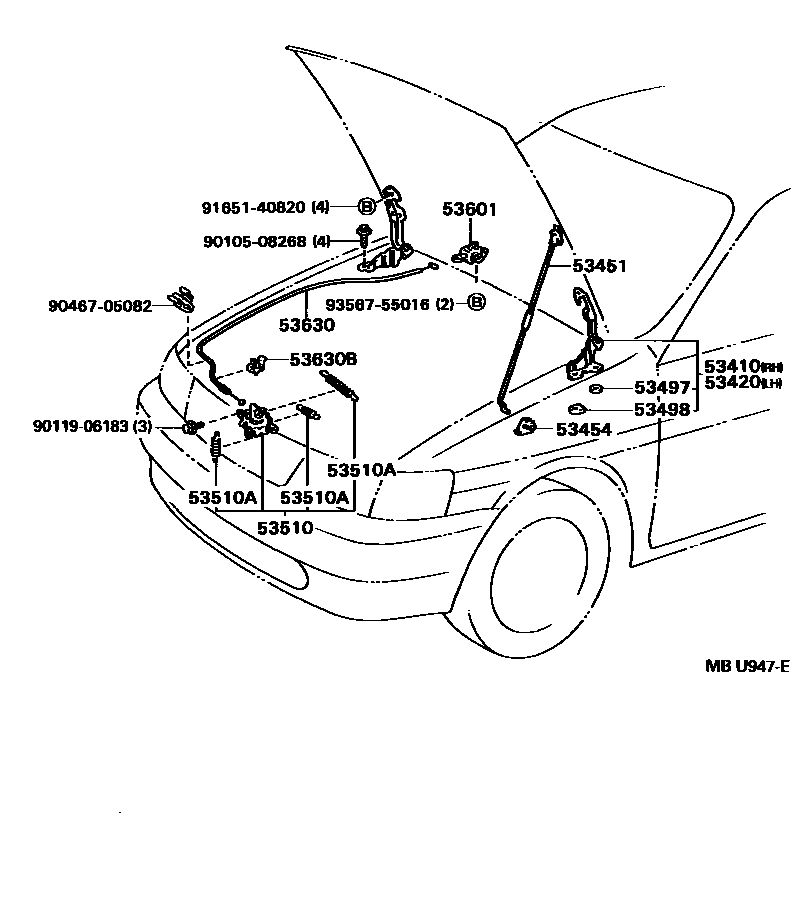 Toyota COROLLA 发动机盖锁和铰链 EPC diagram — MBU947E