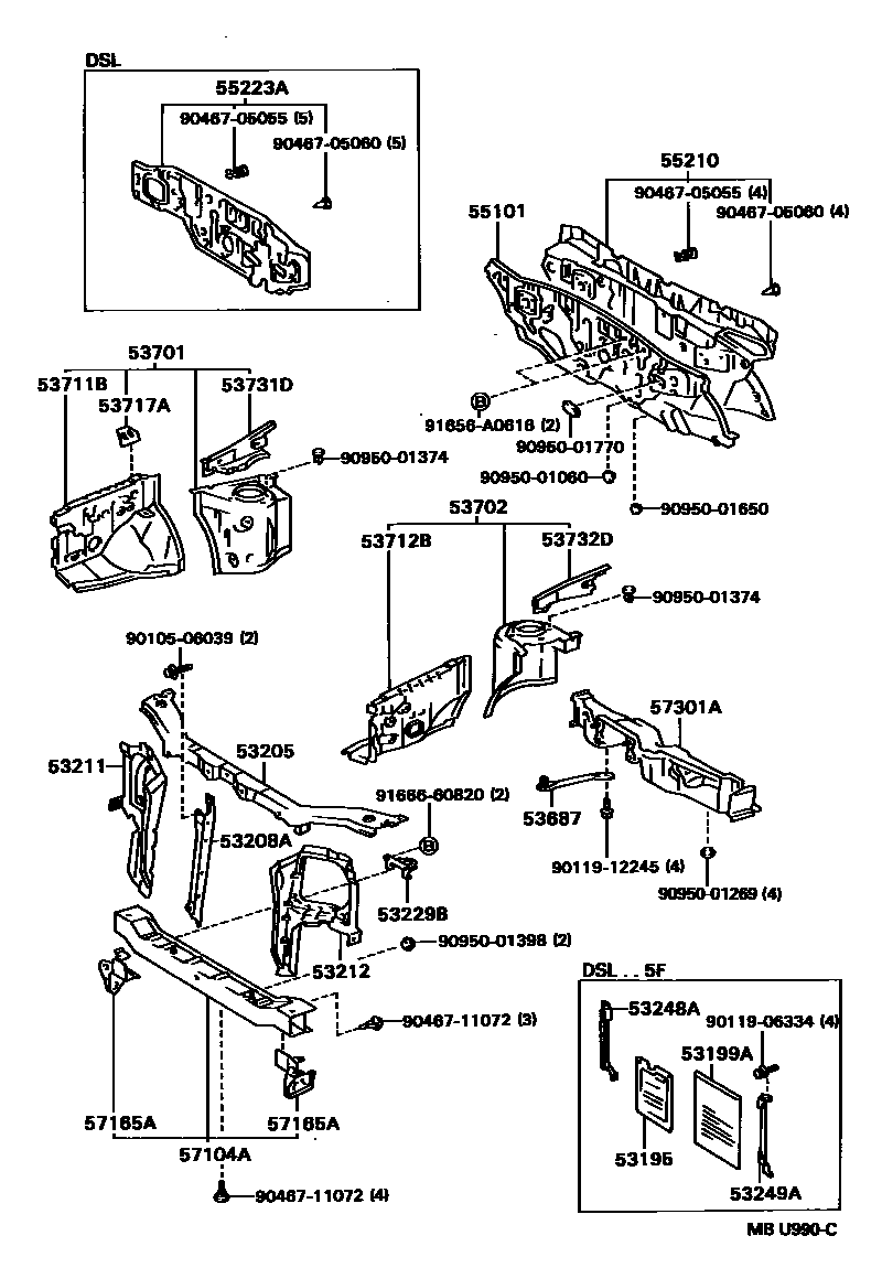 Toyota COROLLA 前翼子板挡泥板和前围板 EPC diagram — MBU990C