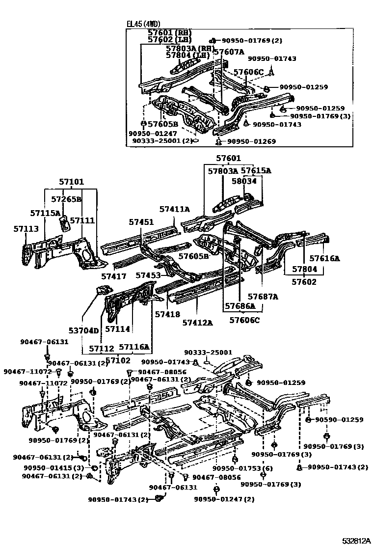 Toyota COROLLA Floor stringers EPC diagram — 532812A