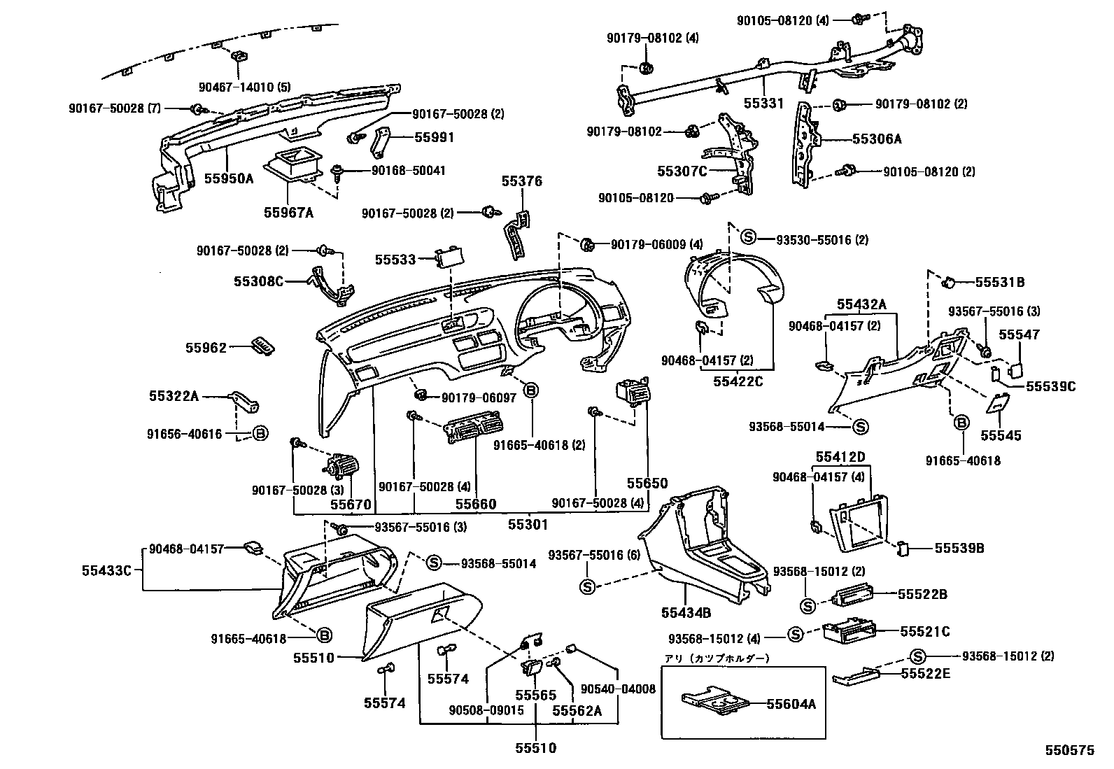 Toyota COROLLA 仪表板和手套箱 EPC diagram — 550575