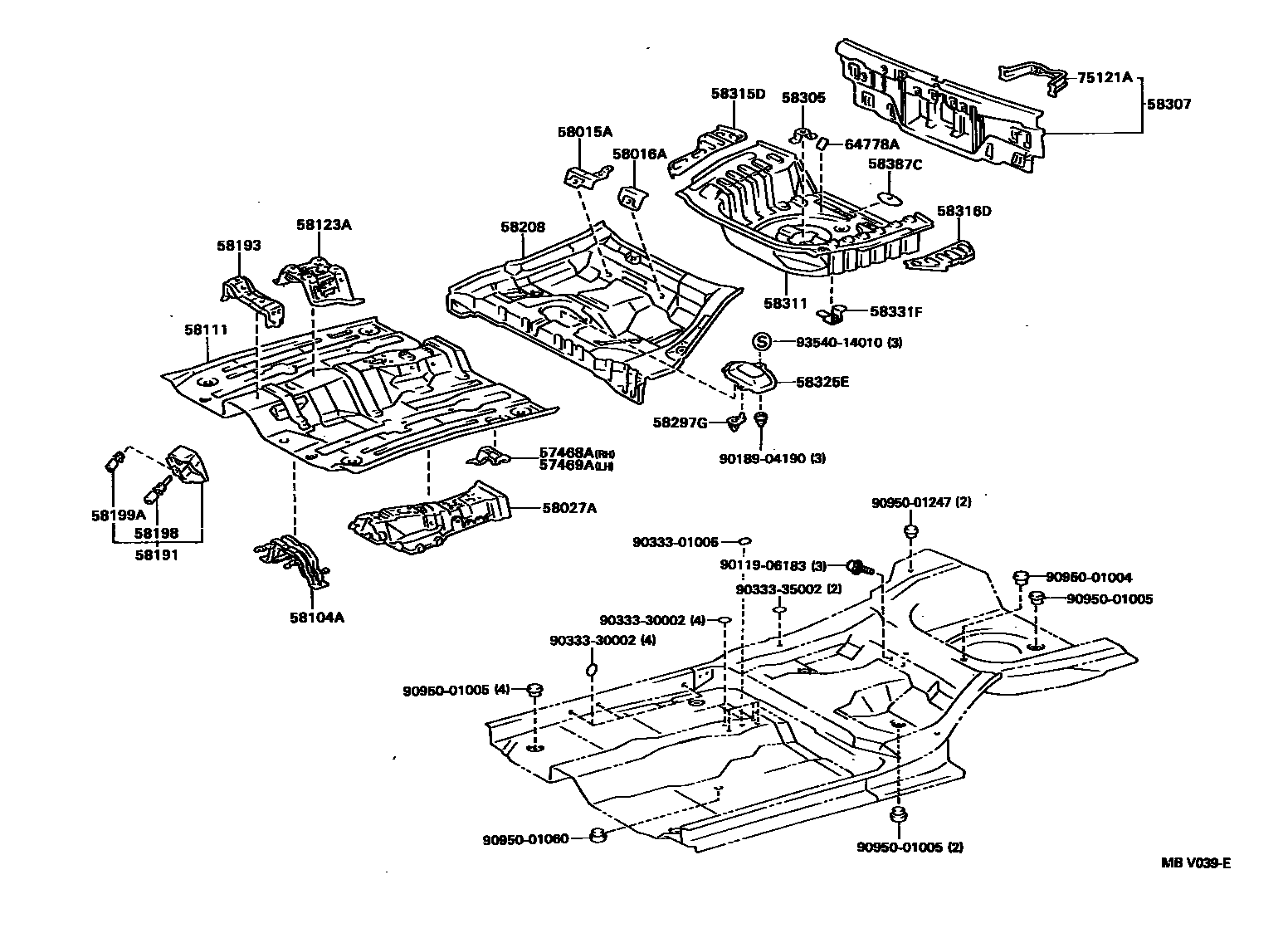 Toyota COROLLA 浅盘形地板和车身下背板 EPC diagram — MBV039E