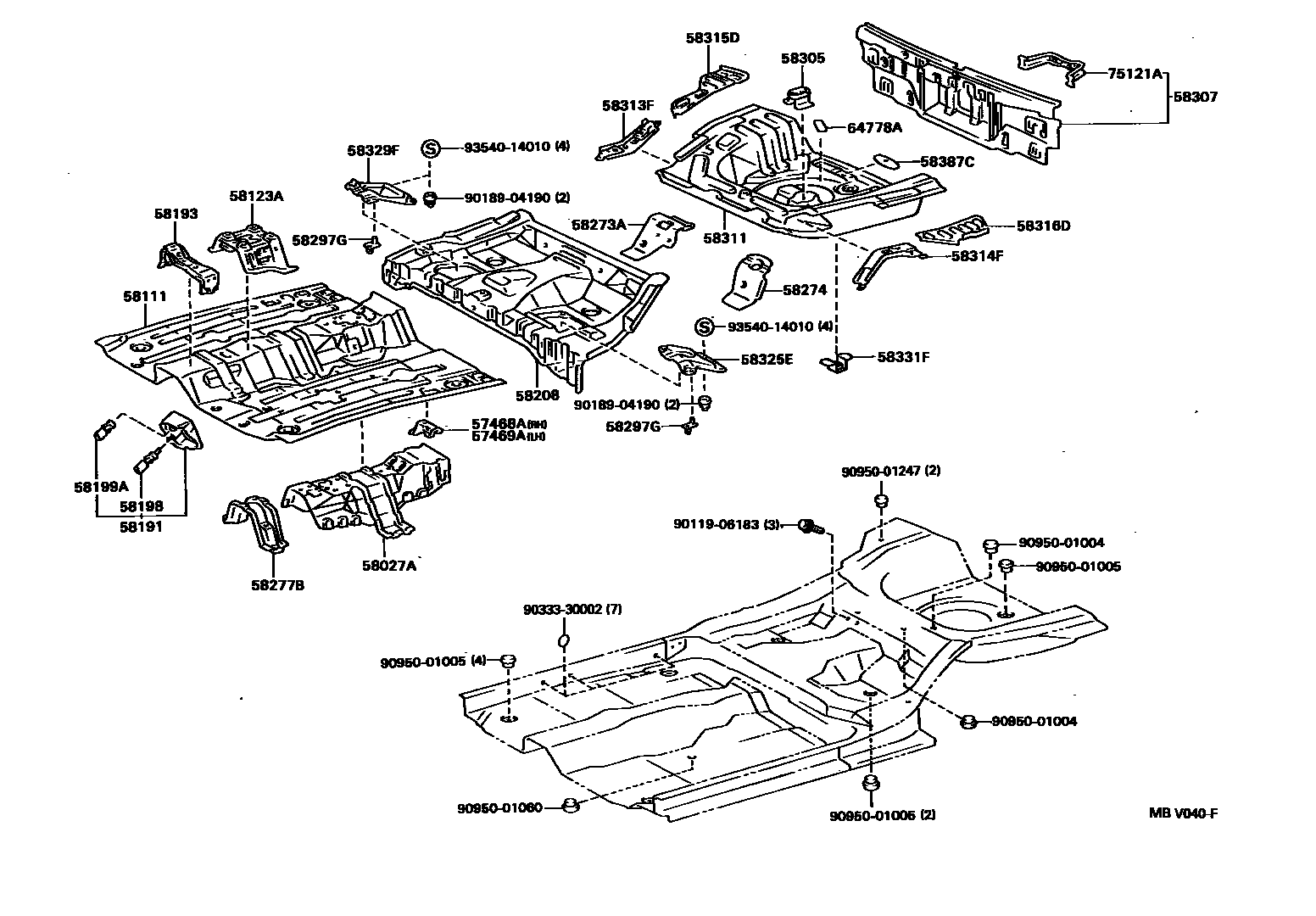 Toyota COROLLA 浅盘形地板和车身下背板 EPC diagram — MBV040F