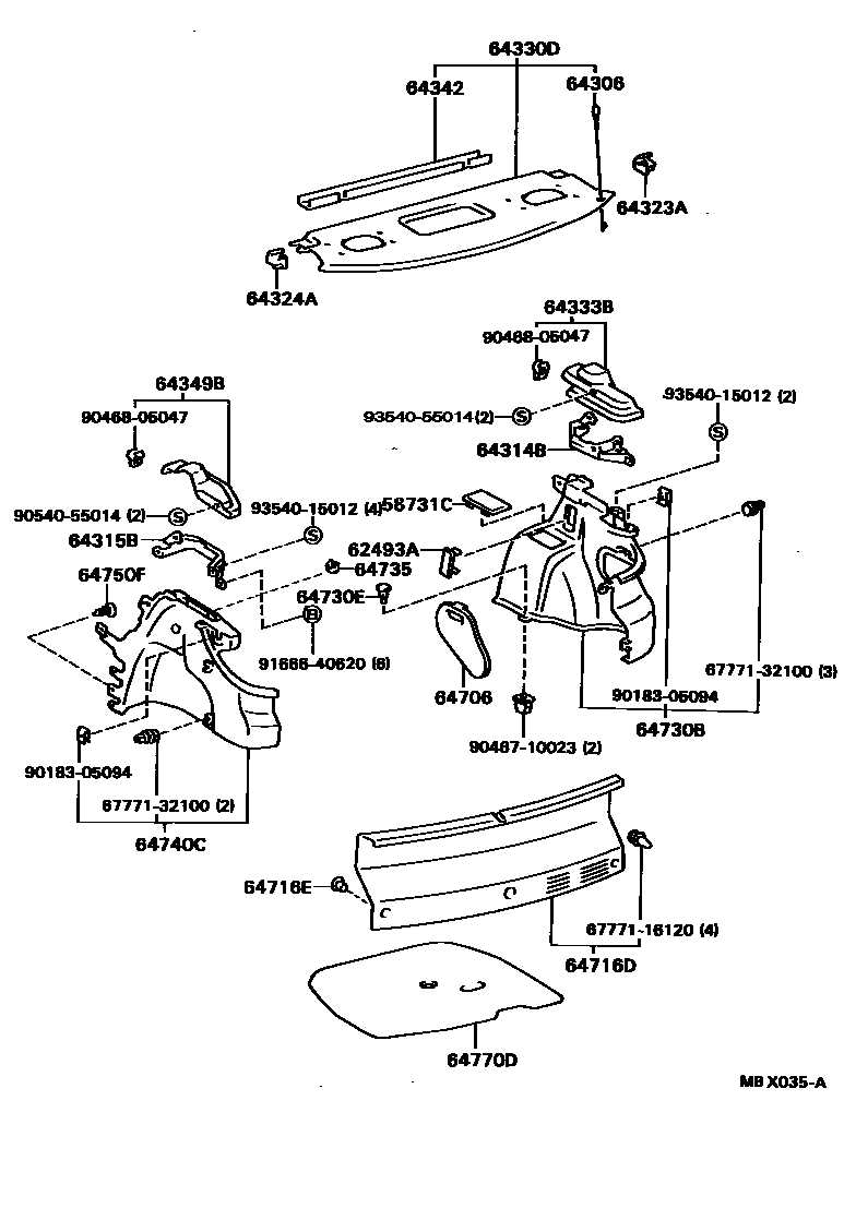 Toyota COROLLA 底板和底板装饰罩 EPC diagram — MBX035A