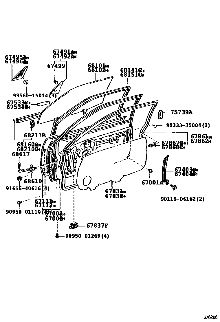 Toyota COROLLA 前门板和前门玻璃 EPC diagram — 676206