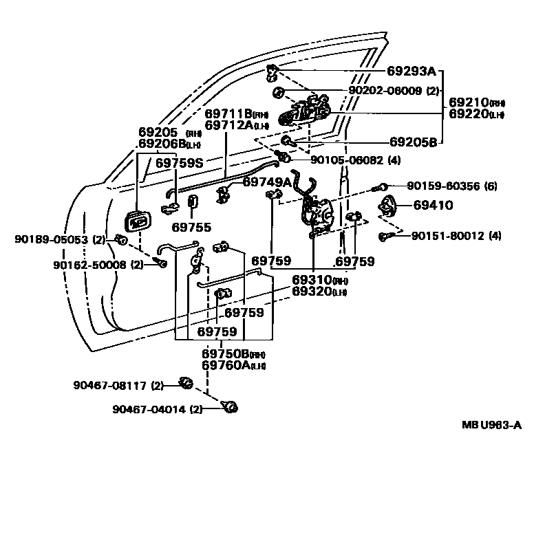 Toyota COROLLA 前门锁和车门把手 EPC diagram — MBU963A