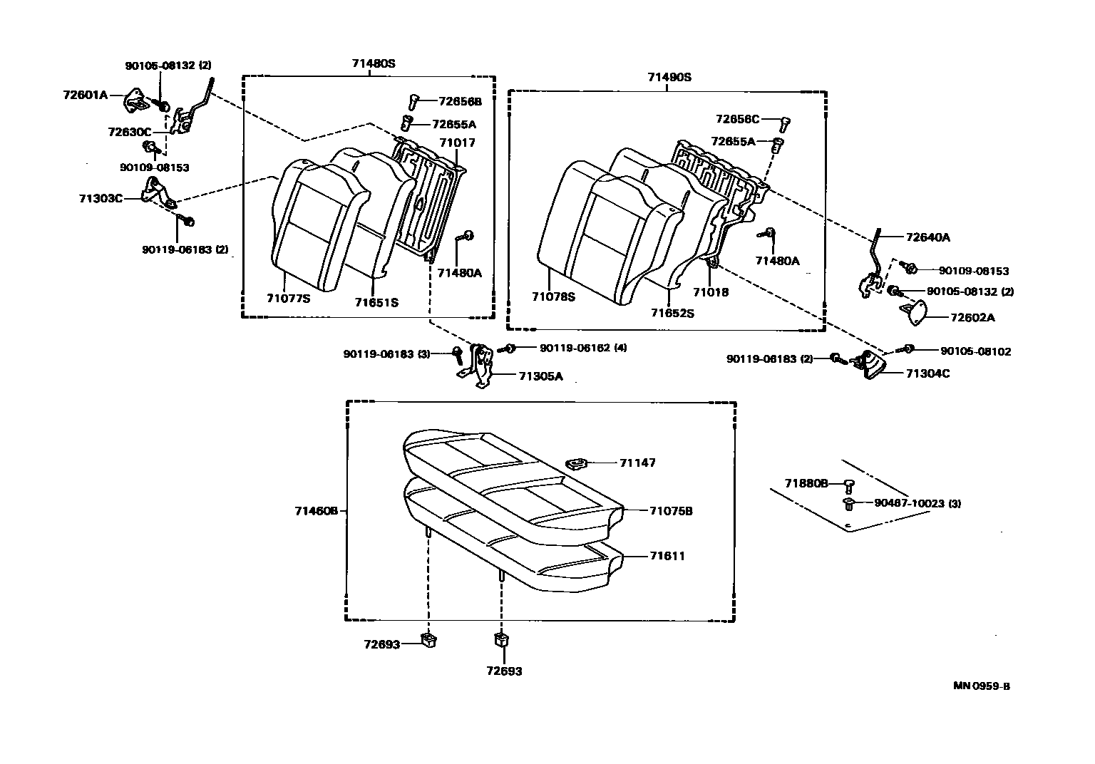 Toyota COROLLA 后排座椅和座椅滑轨 EPC diagram — MN0959B
