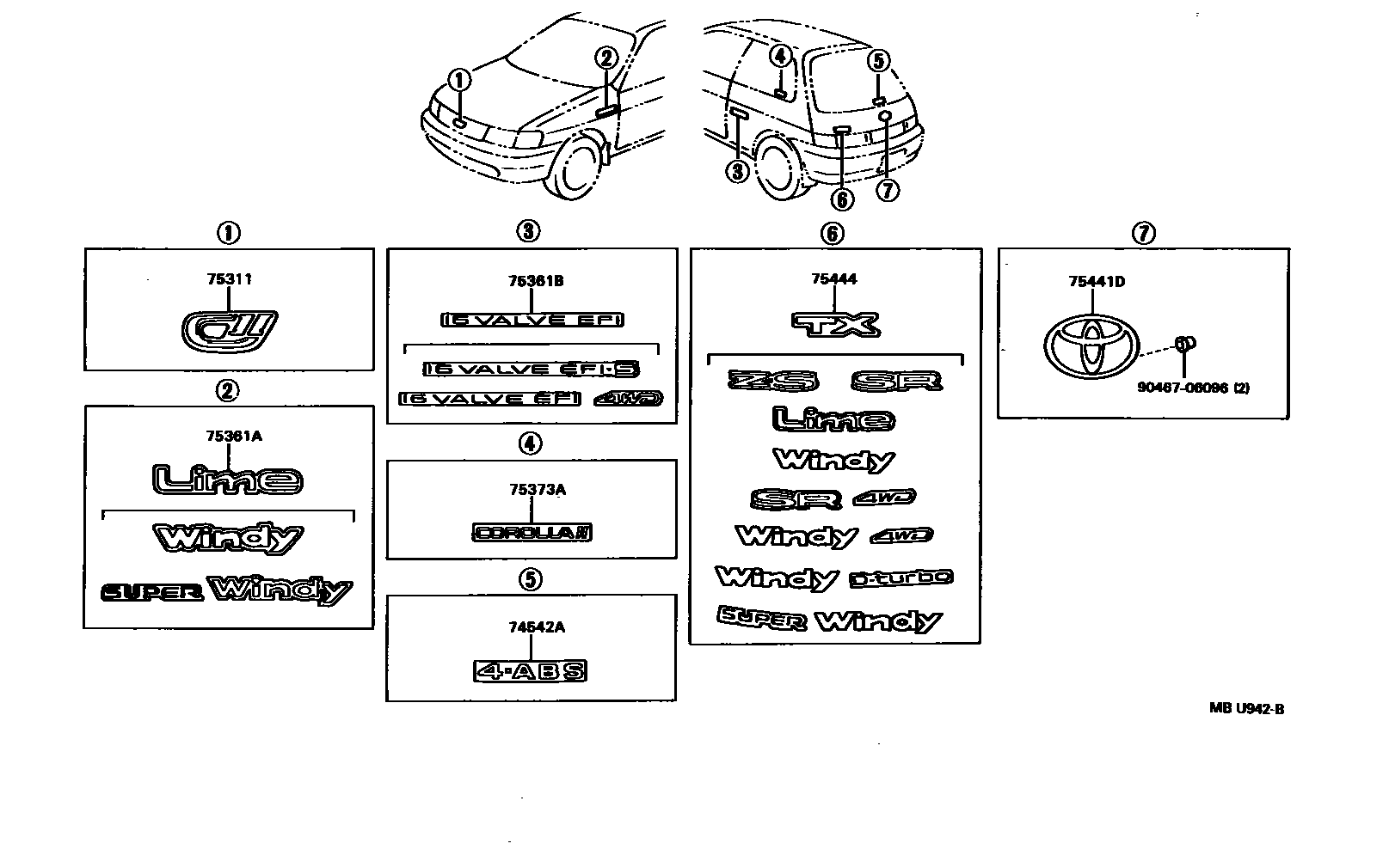 Toyota COROLLA 丰田徽标和铭牌(车外和车内) EPC diagram — MBU942B