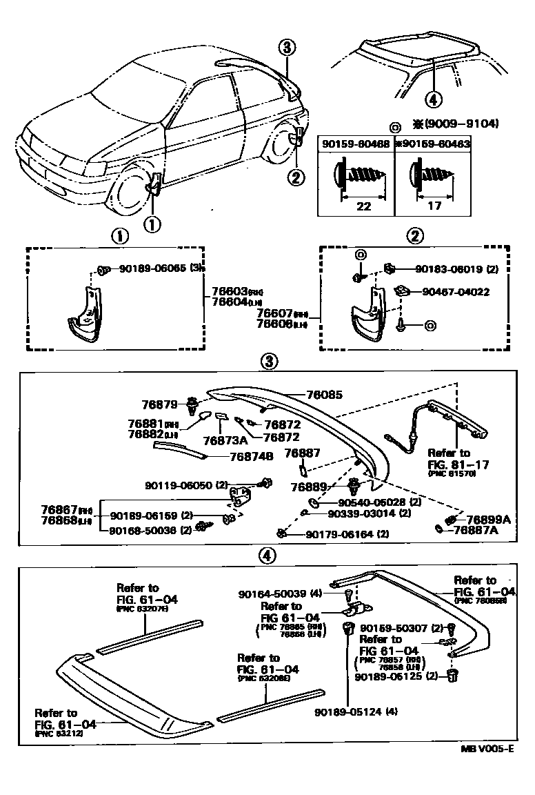 Toyota COROLLA 挡泥板和扰流板 EPC diagram — MBV005E