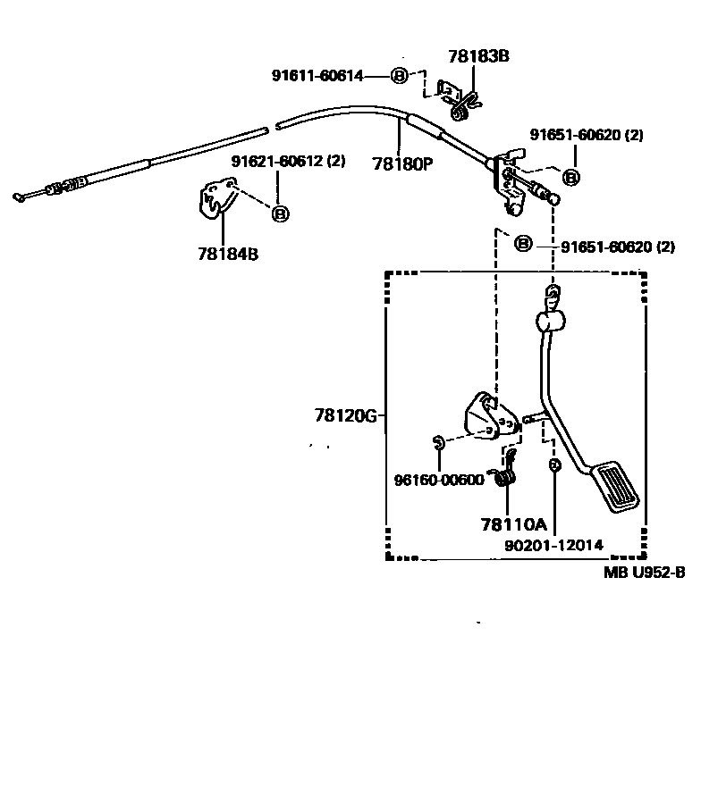 Toyota COROLLA accelerator pedal connecting rod EPC diagram — MBU952B