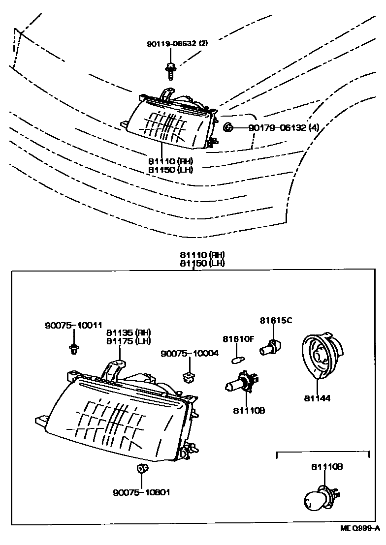 Toyota COROLLA Headlamp EPC diagram — MEQ999A