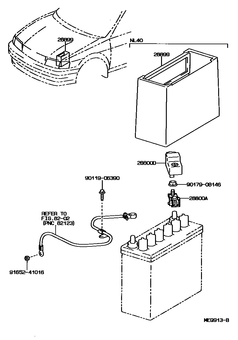 Toyota COROLLA 蓄电池和蓄电池电缆 EPC diagram — MEQ913B