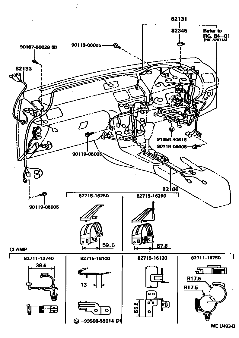Toyota COROLLA 线束和卡夹 EPC diagram — MEU493B