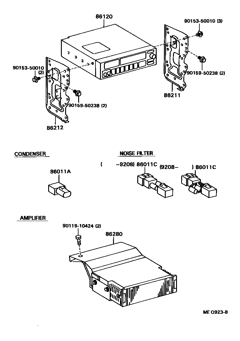 Toyota COROLLA 收音机、放大器和冷凝器 EPC diagram — MEQ923B