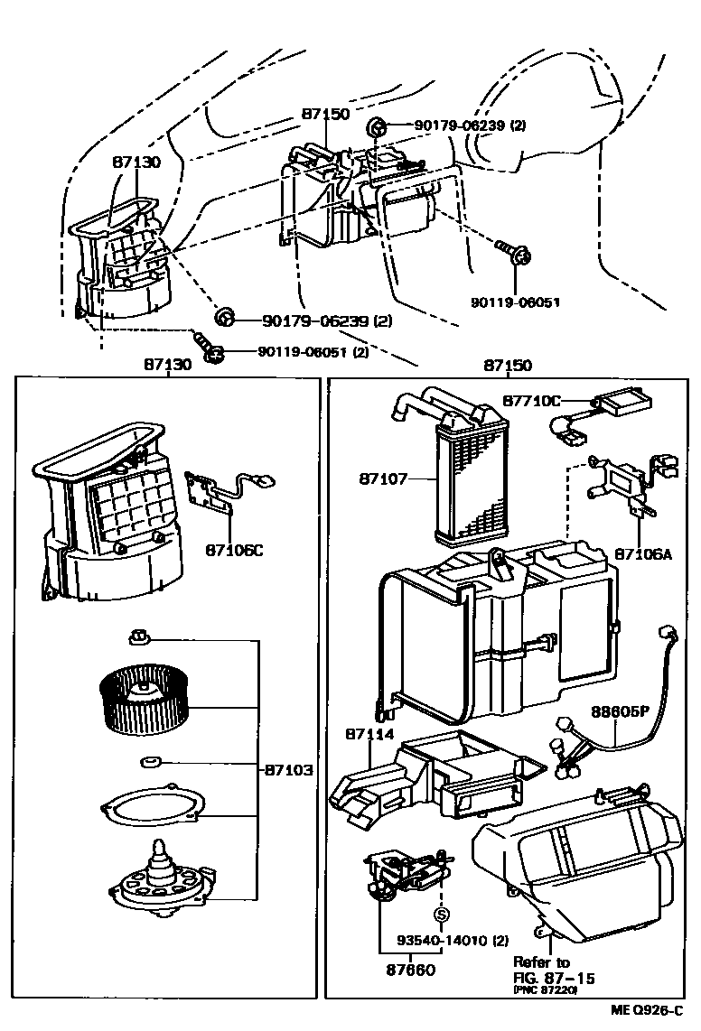 Toyota COROLLA 暖风和空调系统 - 加热装置和鼓风机 EPC diagram — MEQ926C