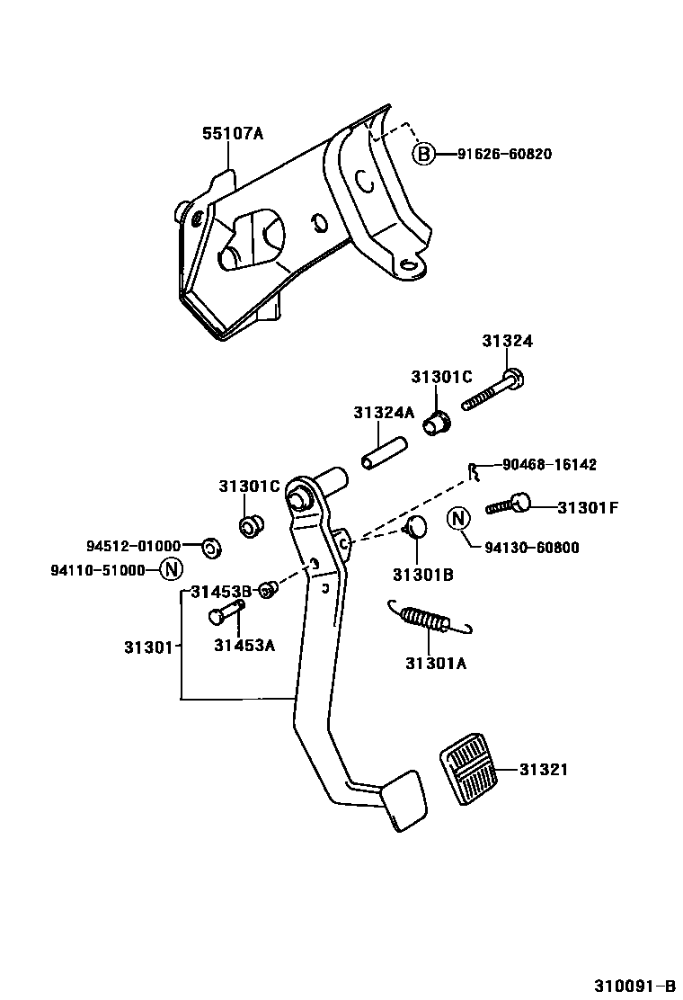 Toyota COROLLA 离合器踏板和挠性软管 EPC diagram — 310091B
