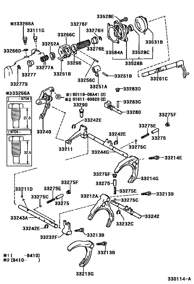 Toyota COROLLA 换档拨叉和换档杆轴(MTM) EPC diagram — 330114A